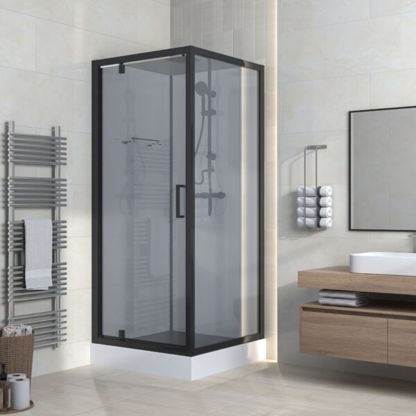 Marani Complete Douchecabine met Draaideur 90x225x90 cm – Omkeerbaar, Mat Zwart & Grijs Rookglas